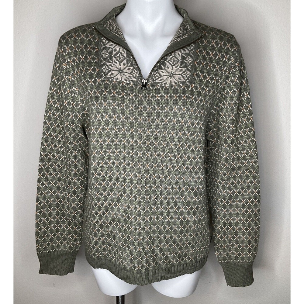 Vintage Woolrich Women Medium Snow Flake Knit Pullover Sweater Half Zip